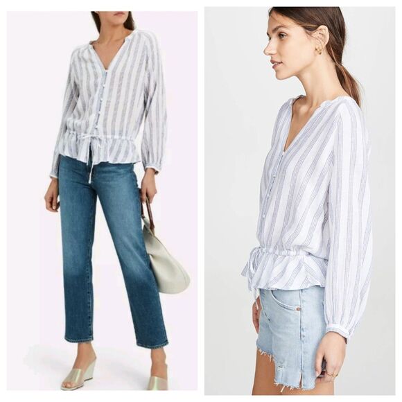 Rails Marti Cayman Stripe Blouse Lightweight Linen Button Up Tie Waist Size S - Picture 2 of 16